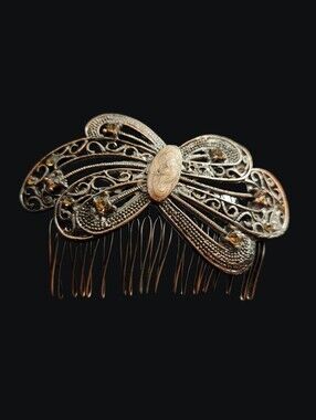 Antique Topaz Enamel Bronze Tone Hair Comb Art Deco Bow